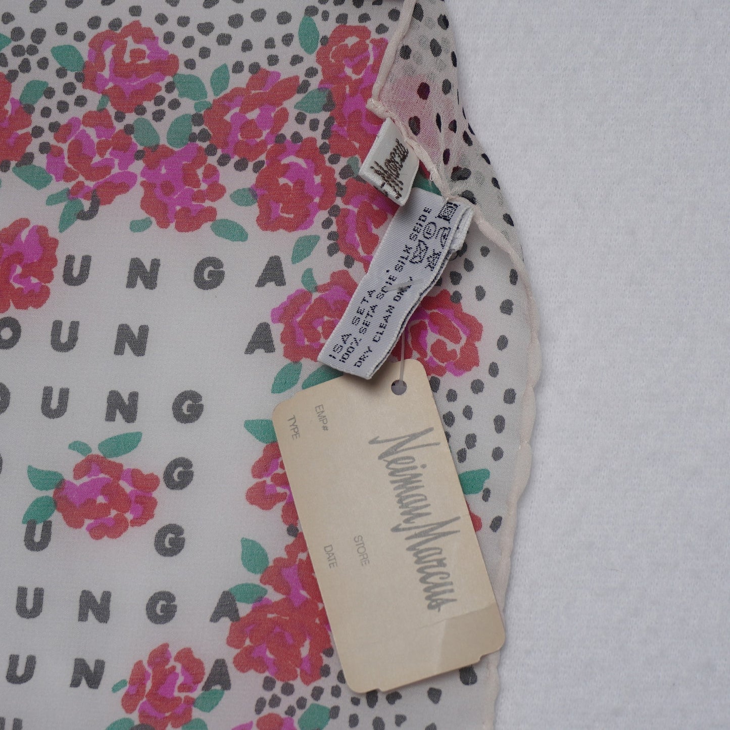Vintage Emmanuel Ungaro Namesake Rose and Dot Print Scarf w/ Neiman Marcus Tags