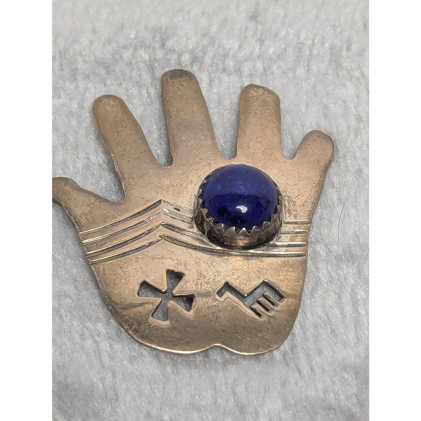 Vintage Southwestern Sterling Silver Hand Brooch with Lapis Lazuli Cabochon