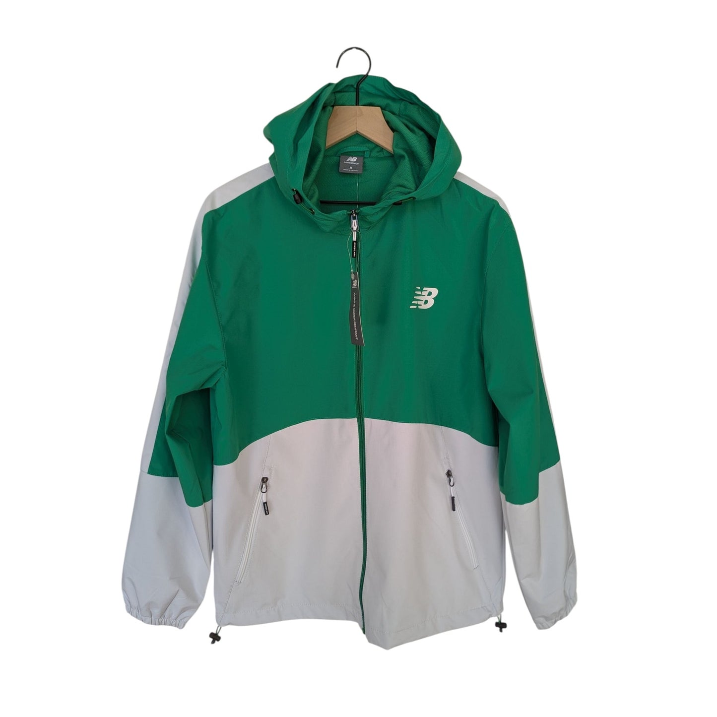 New Balance Men's Green and White Zip Up Windbreaker w/ Hood Size M NWT
