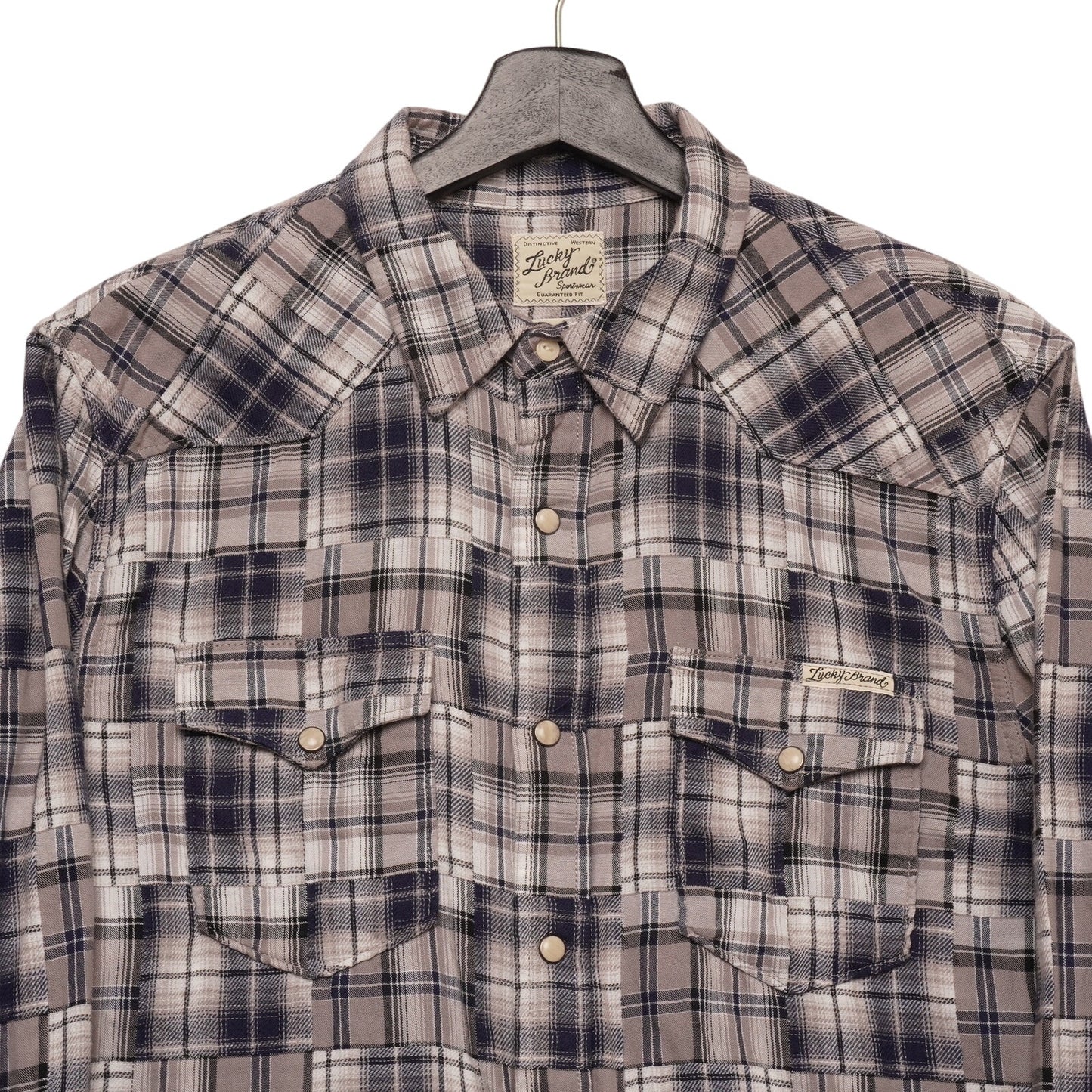 Lucky Brand Western Snap Shirt Men’s Medium Patchwork Plaid 100% Cotton