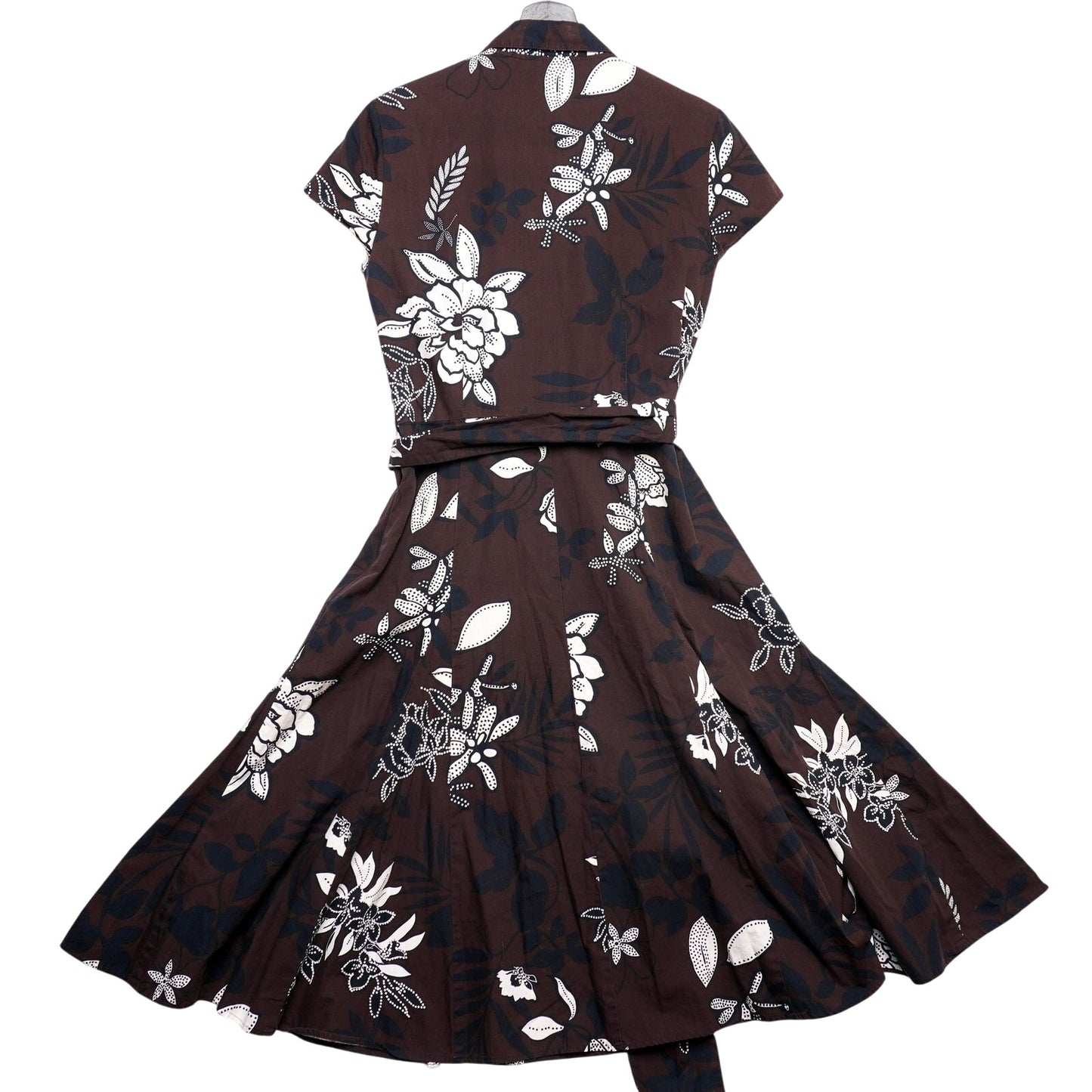 Talbots Women's Brown White Floral Wrap Dress Short Sleeve A-Line Midi Retro Fit Flare