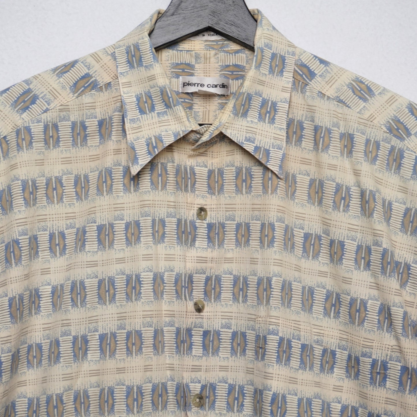 Pierre Cardin Korea 100 % Cotton Geometric Shirt L Beige + Blue 90s Vintage