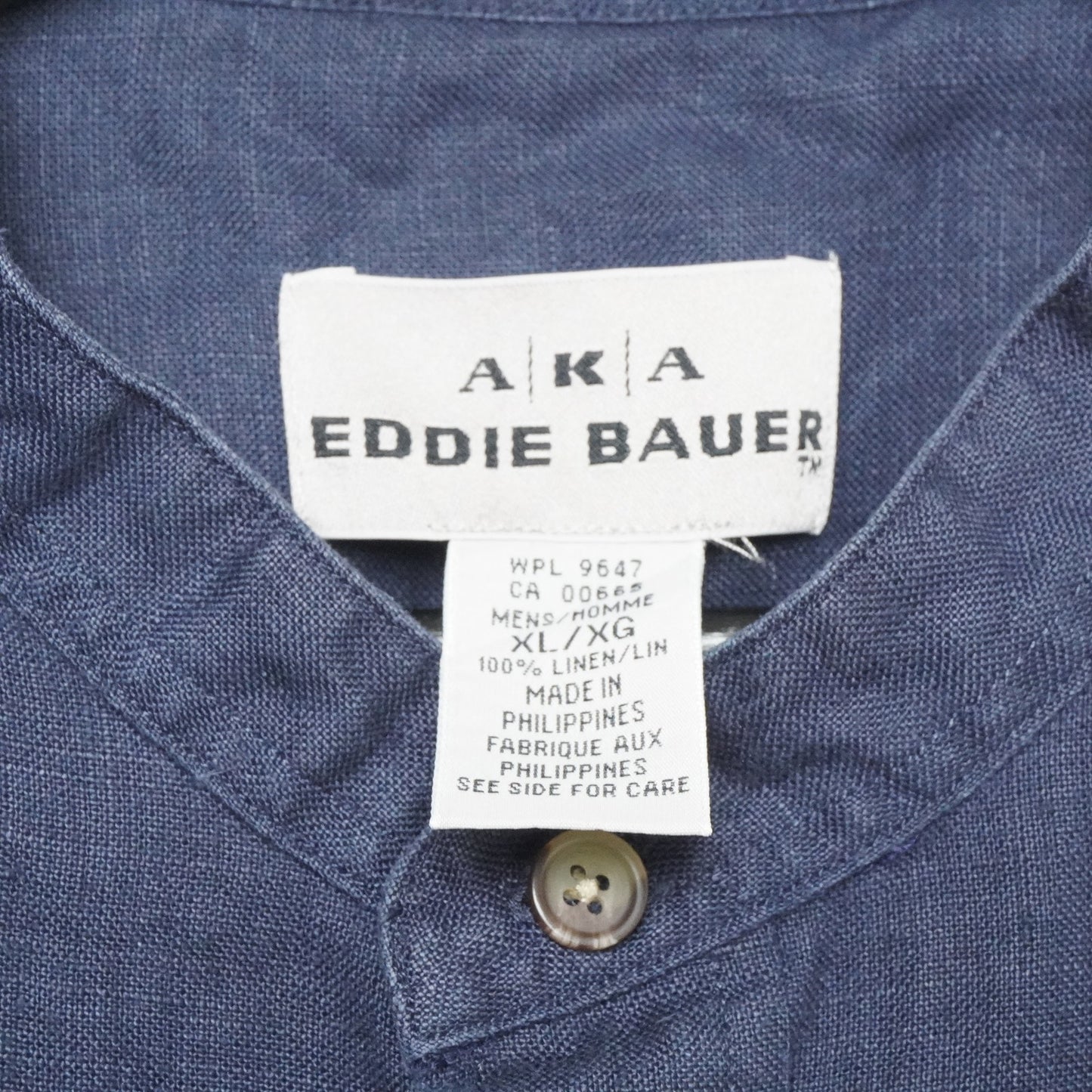 AKA Eddie Bauer Linen Shirt XL Band Collar Navy Blue Long Sleeve Button Front