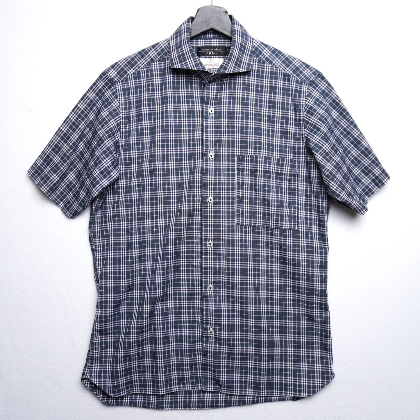 Hiromichi Nakano Short Sleeve Cutaway Collar Shirt Blue/Green Plaid 100% Cotton
