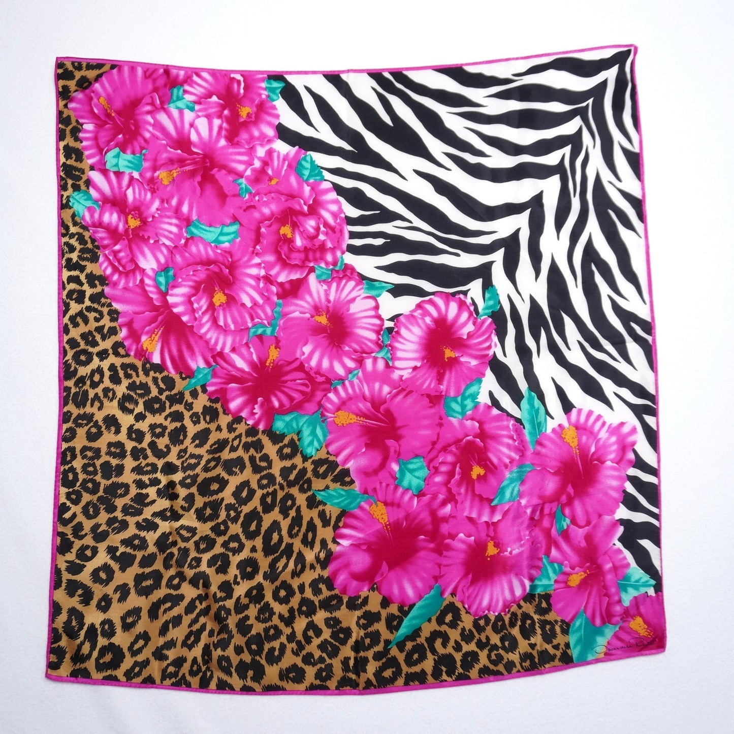Vintage Oscar de la Renta Hibiscus and Animal Print Silk Scarf