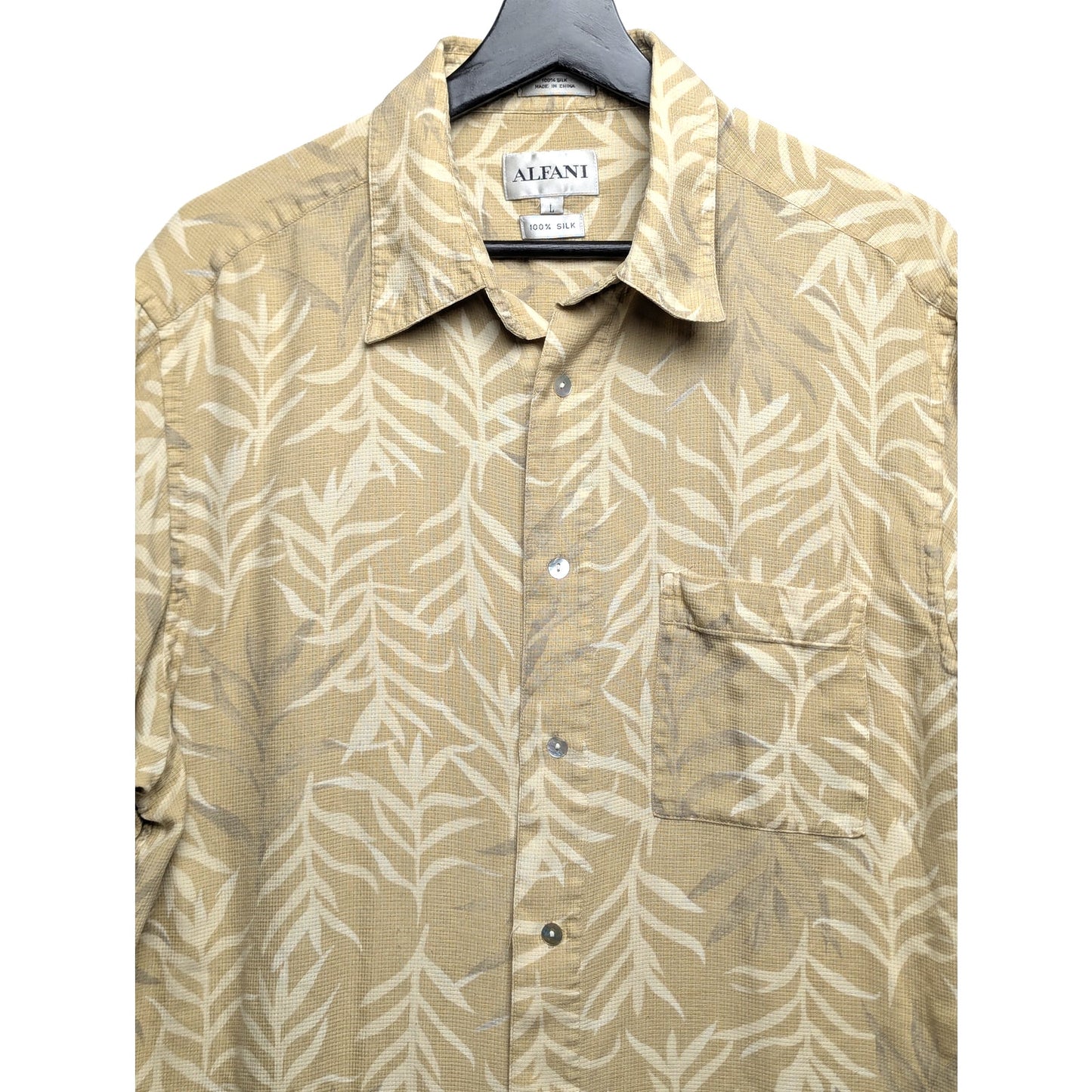 Alfani Tan 100% Silk Shirt Men's L - Abstract Floral Print Size L Camp Collar