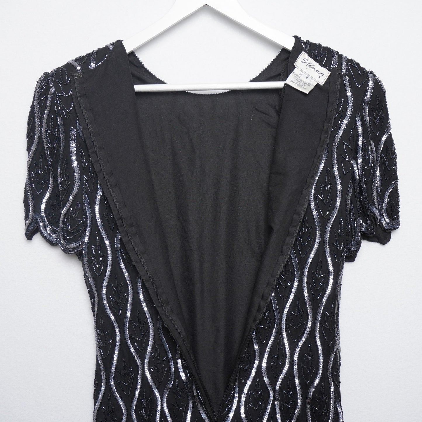 Vintage Stenay Black and Silver Sparkly Beaded Silk Dress Size 8