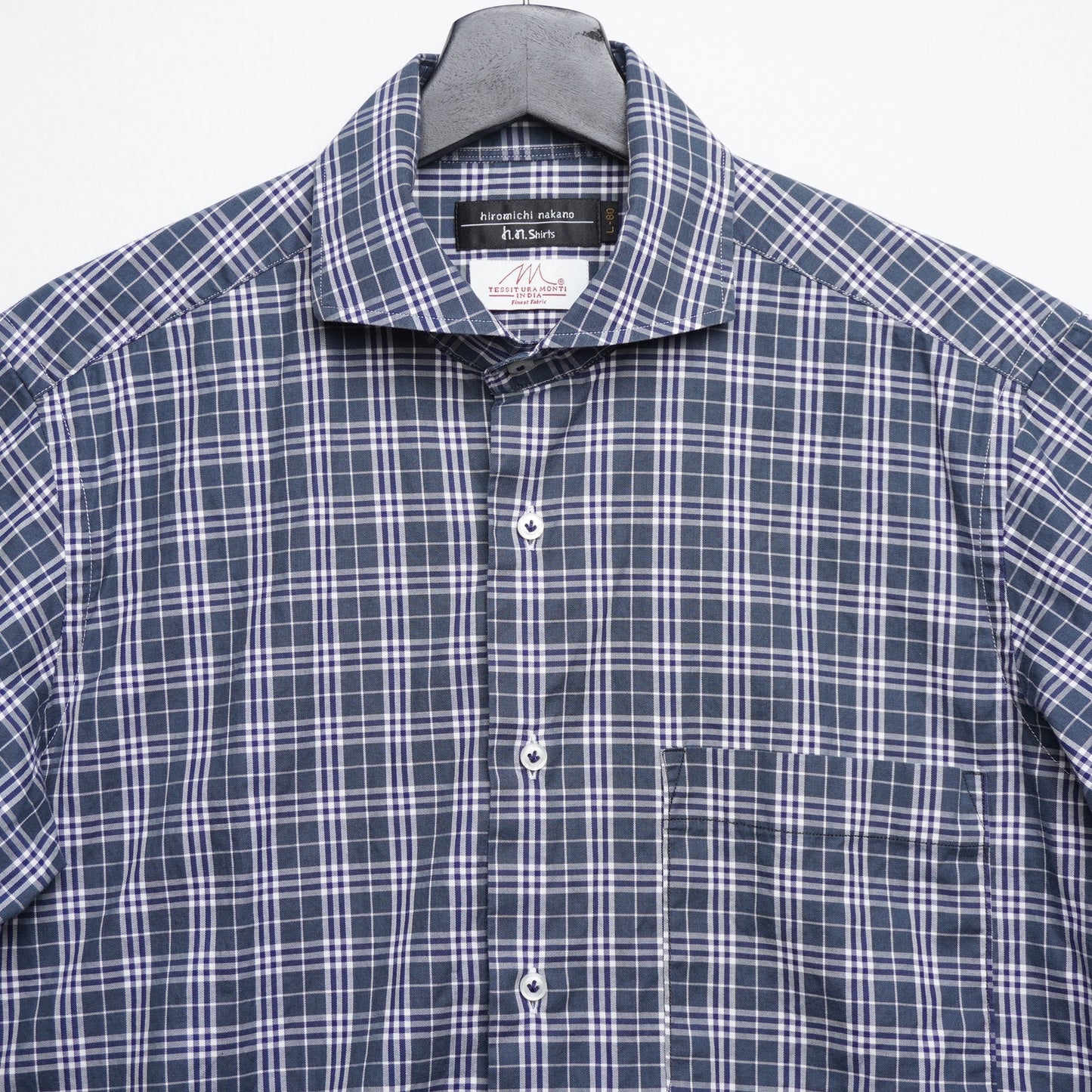 Hiromichi Nakano Short Sleeve Cutaway Collar Shirt Blue/Green Plaid 100% Cotton