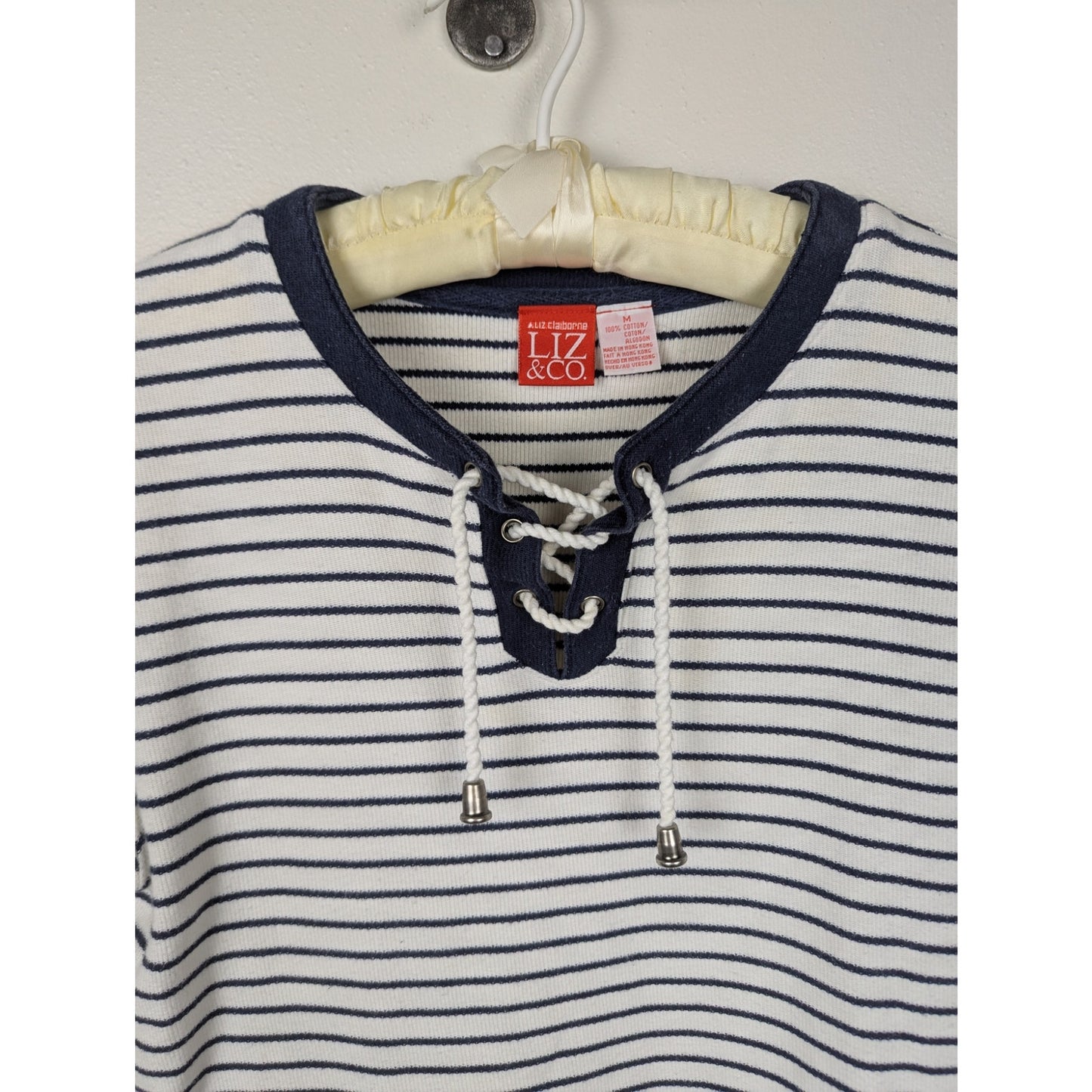 Vintage Liz Claiborne Liz & Co White w Blue Stripes Short Sleeve Top 100% cotton