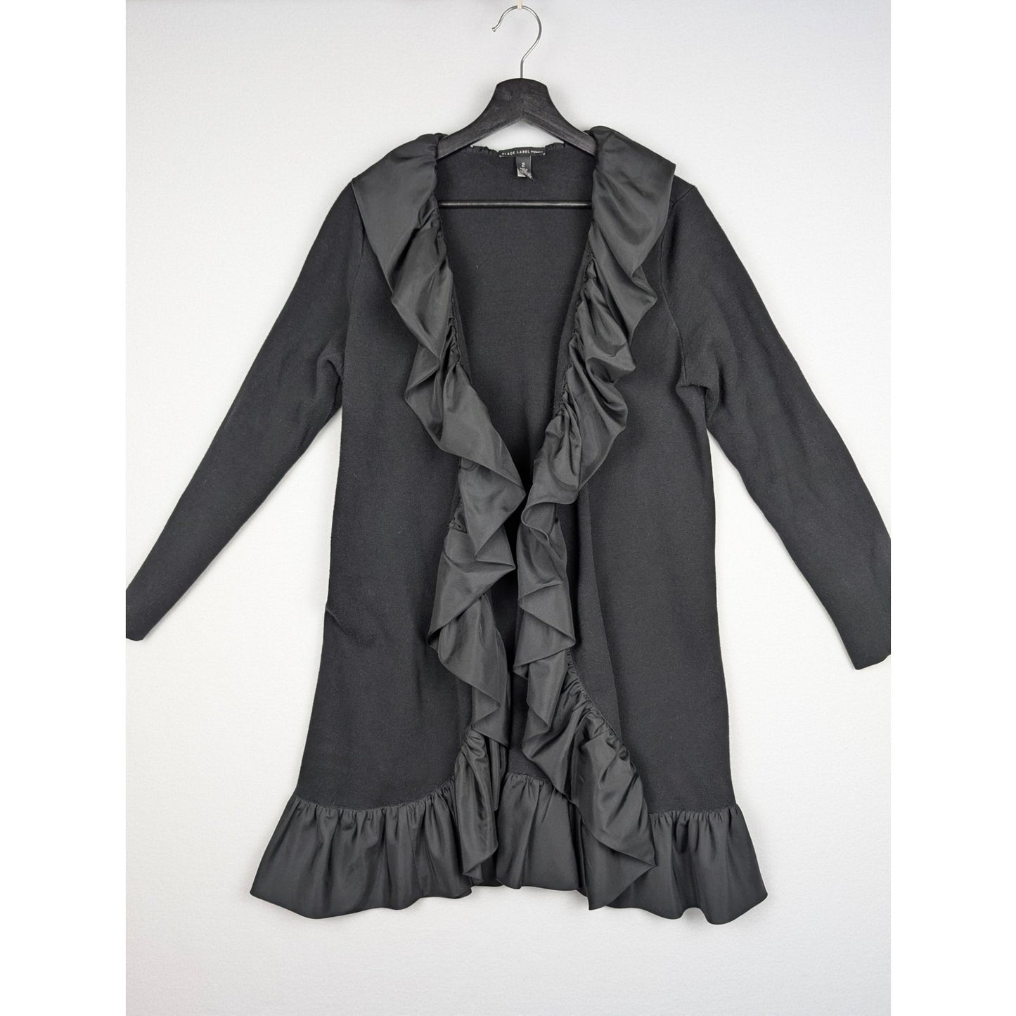 Chico's Black Label Ruffle Trim Long Duster Cardigan Jacket Size 2 Black