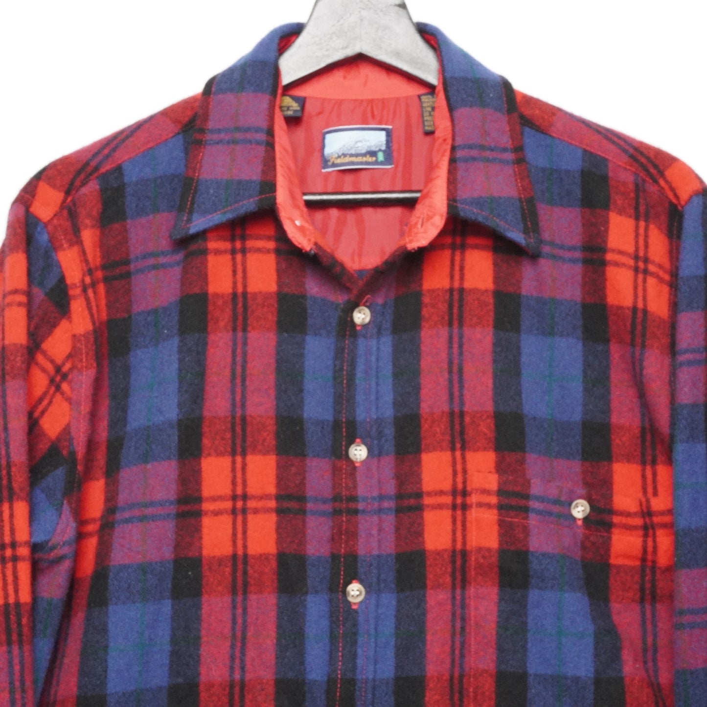 Vintage Fieldmaster Wool Shirt Men’s M Red Blue Plaid Lined Flannel Made in Korea