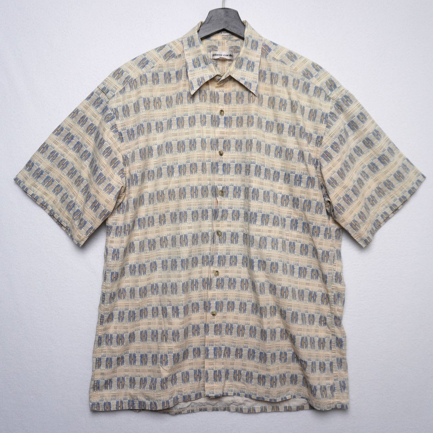 Pierre Cardin Korea 100 % Cotton Geometric Shirt L Beige + Blue 90s Vintage