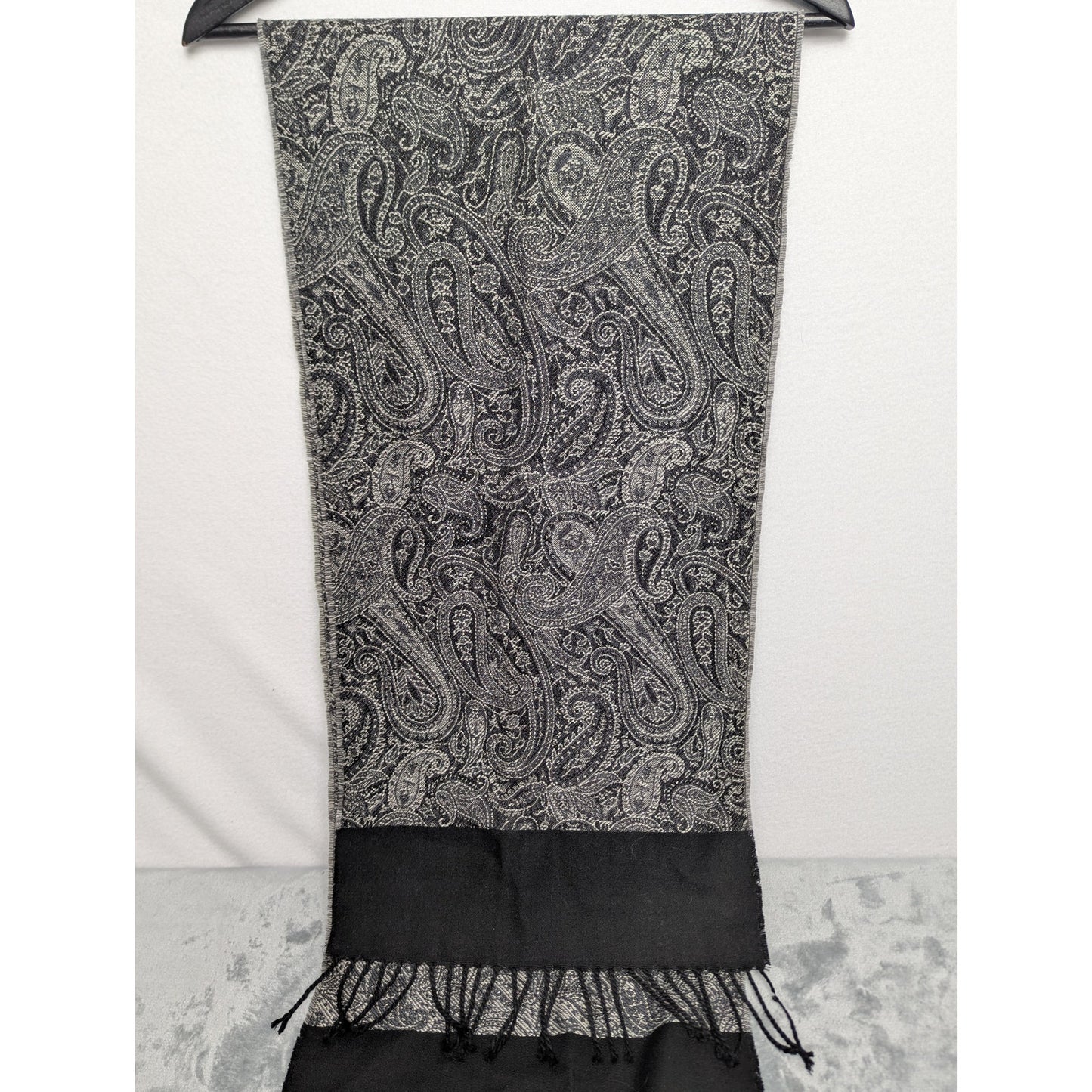 Vintage Style Fringe Edge Boho Black and White Paisley Scarf