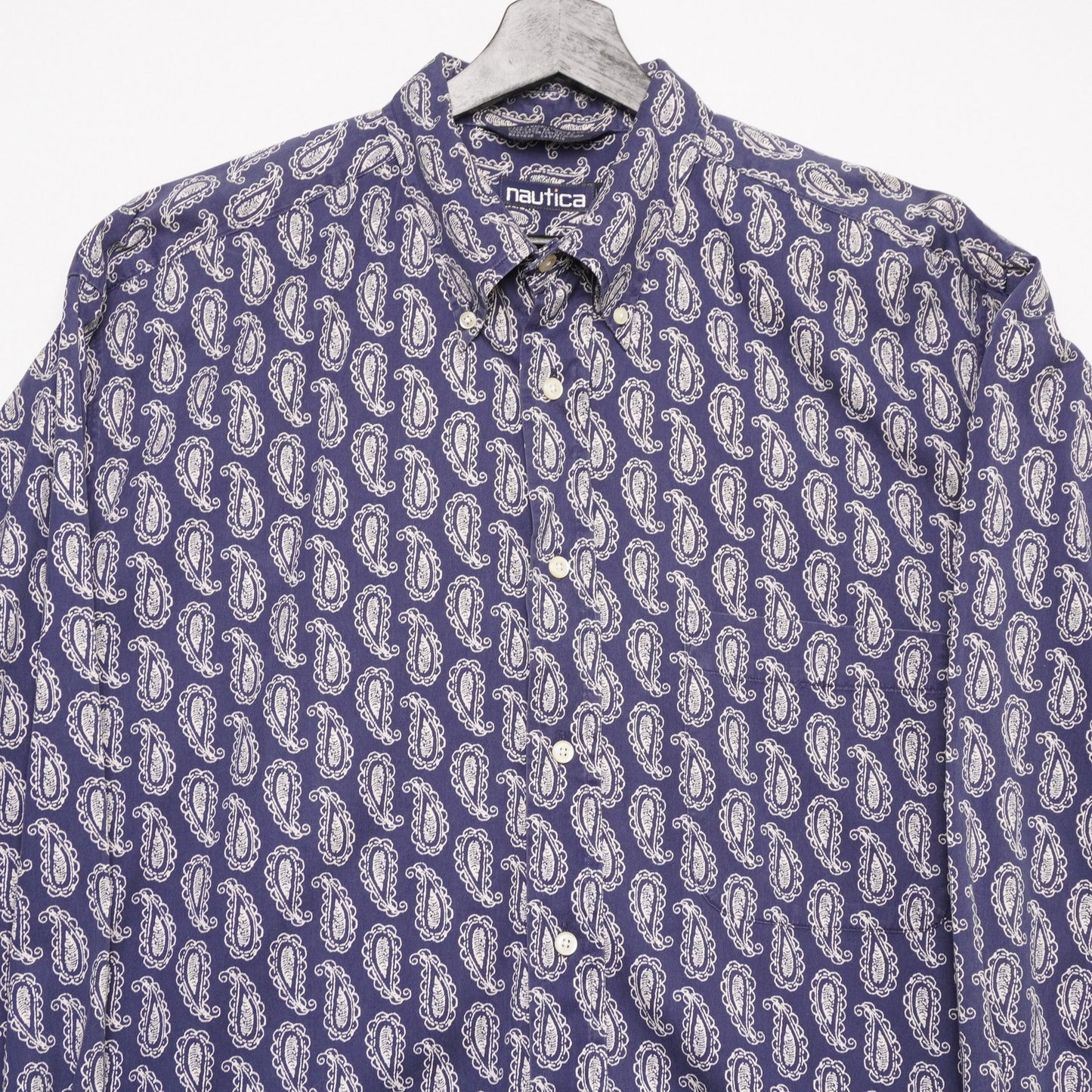 Vintage Nautica Paisley Shirt XL Blue White 100% Cotton Button Down