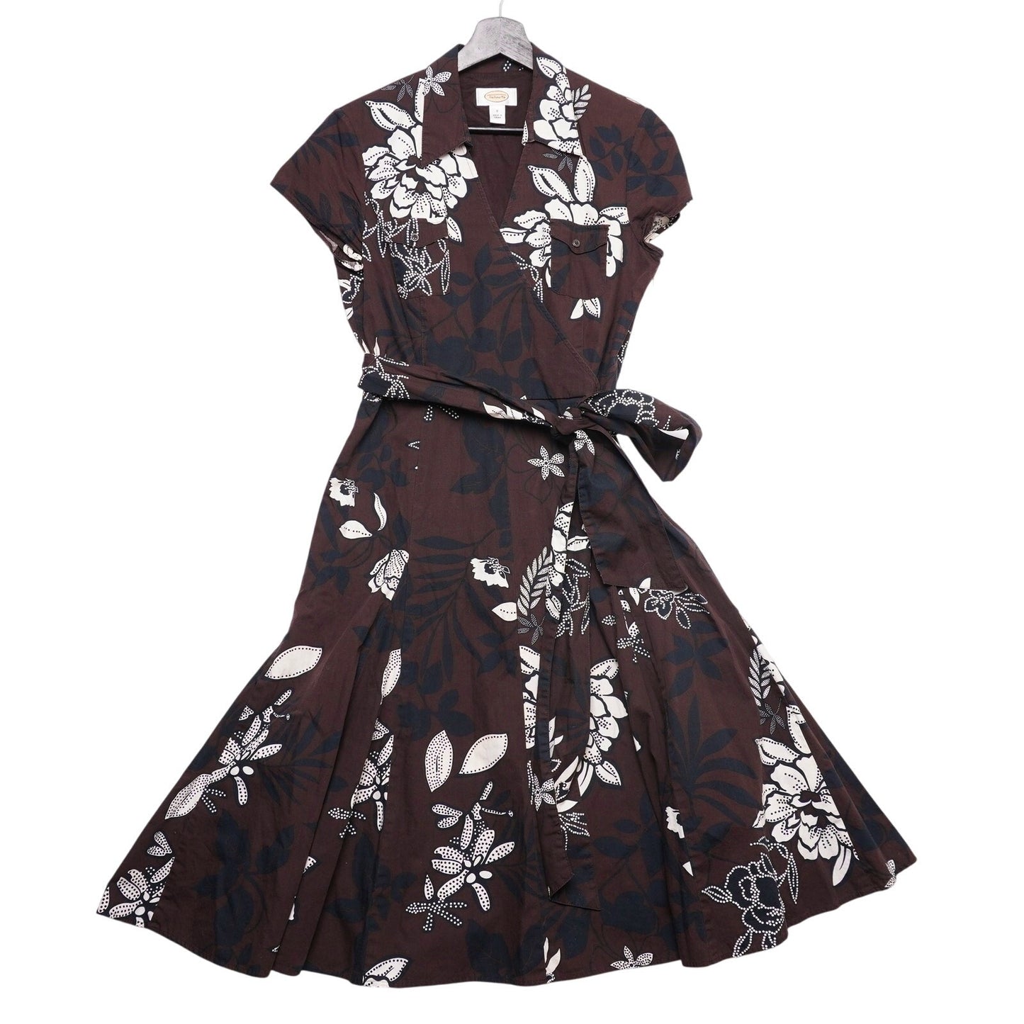 Talbots Women's Brown White Floral Wrap Dress Short Sleeve A-Line Midi Retro Fit Flare