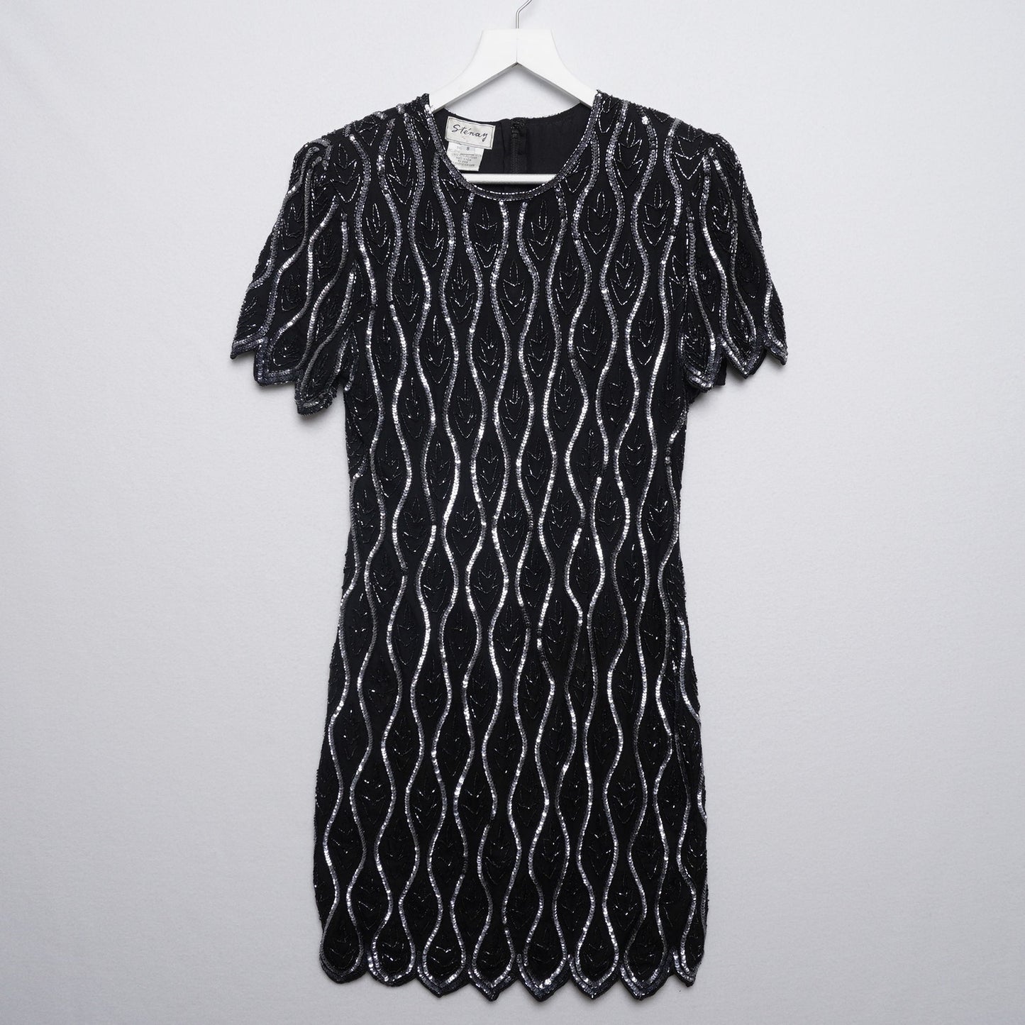 Vintage Stenay Black and Silver Sparkly Beaded Silk Dress Size 8