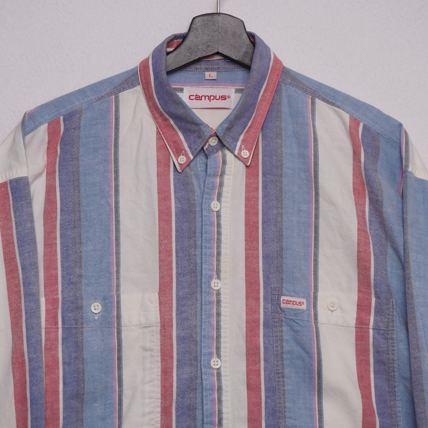 Vintage Campus Button Down Shirt L Red White Blue Vertical Stripe 100% Cotton