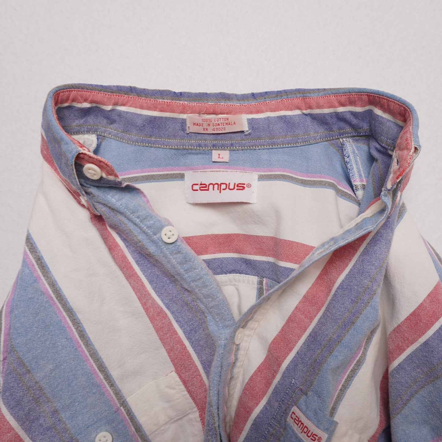 Vintage Campus Button Down Shirt L Red White Blue Vertical Stripe 100% Cotton