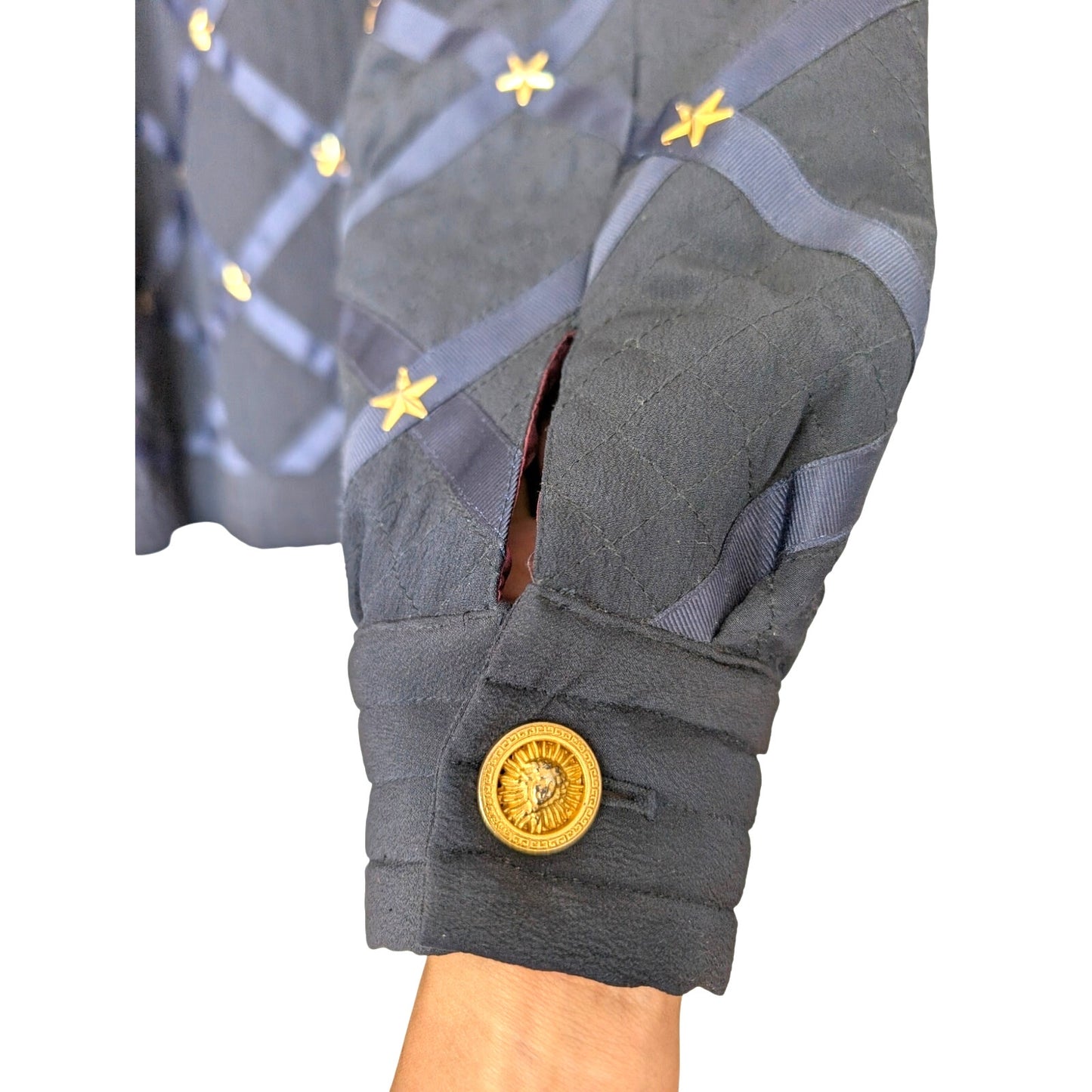 Vintage Peter Nygard Navy Silk Bomber with Ribbon and Gold Accents