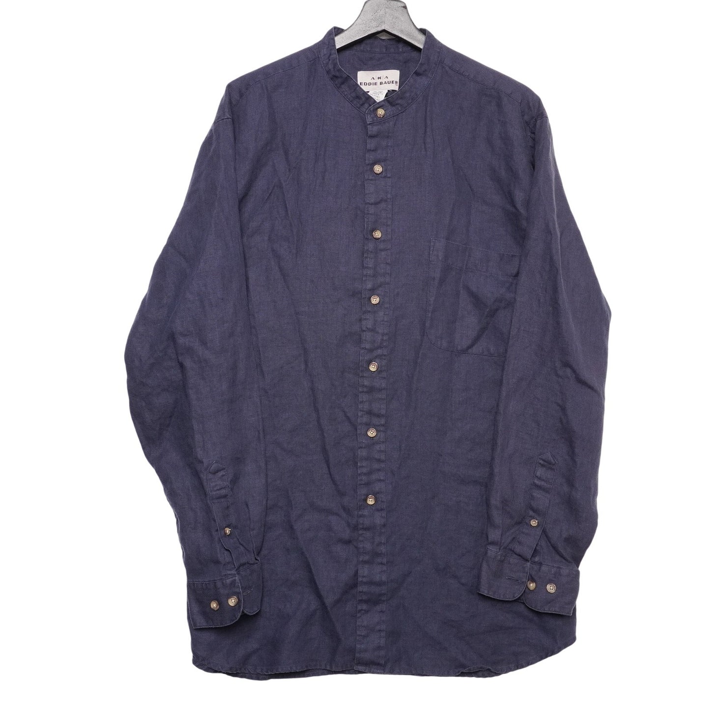 AKA Eddie Bauer Linen Shirt XL Band Collar Navy Blue Long Sleeve Button Front