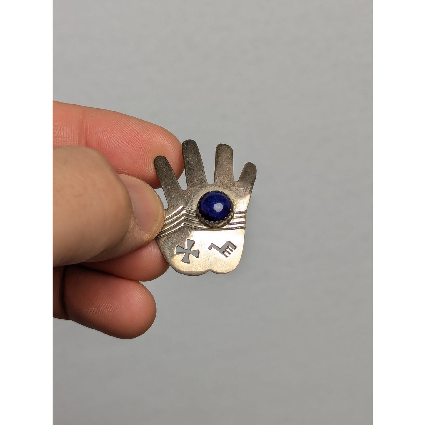 Vintage Southwestern Sterling Silver Hand Brooch with Lapis Lazuli Cabochon