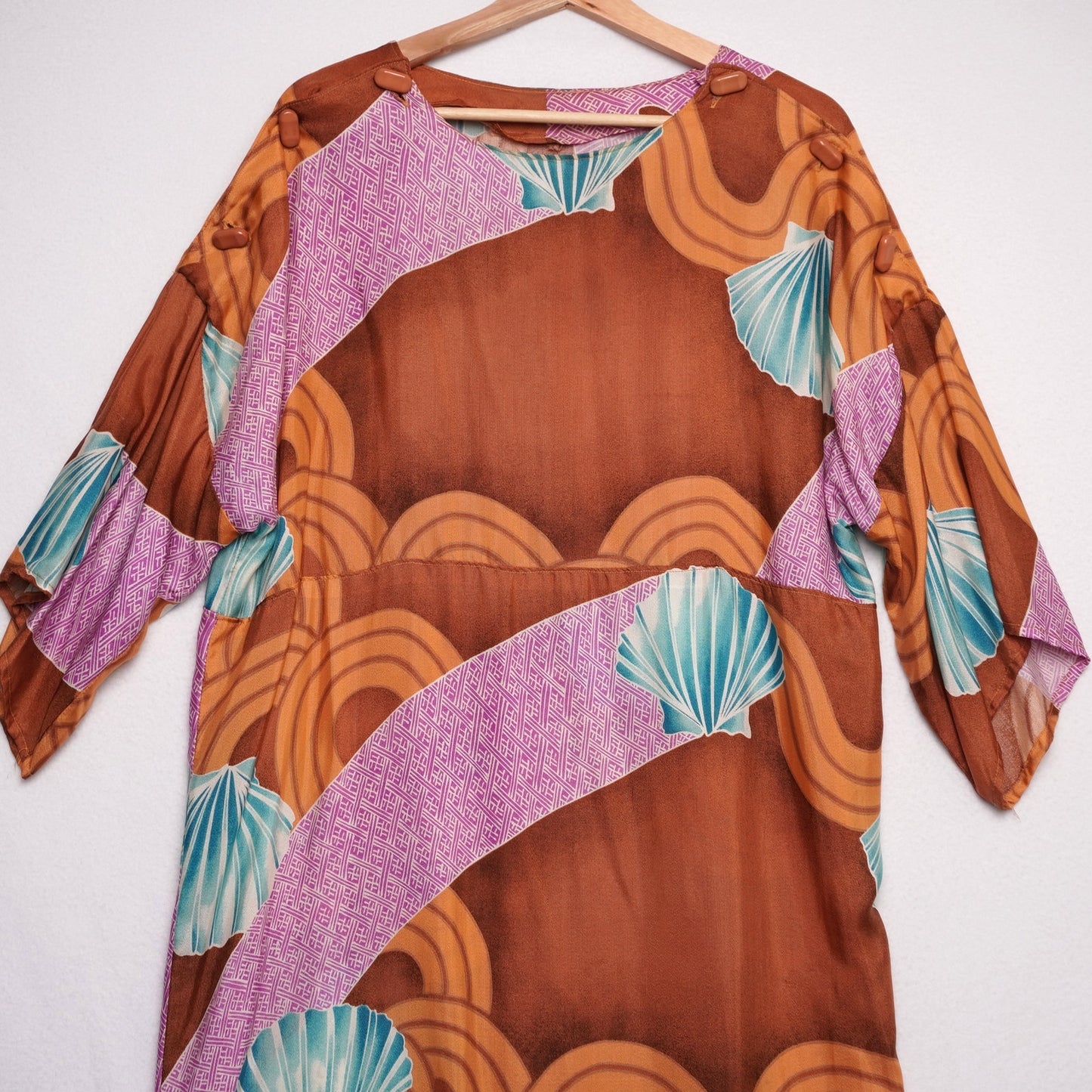 Vintage Handmade Kimono-Inspired Dress Brown Abstract Waves Shell Print Boho M/L