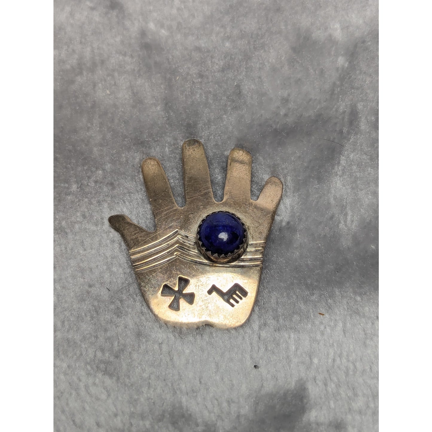 Vintage Southwestern Sterling Silver Hand Brooch with Lapis Lazuli Cabochon