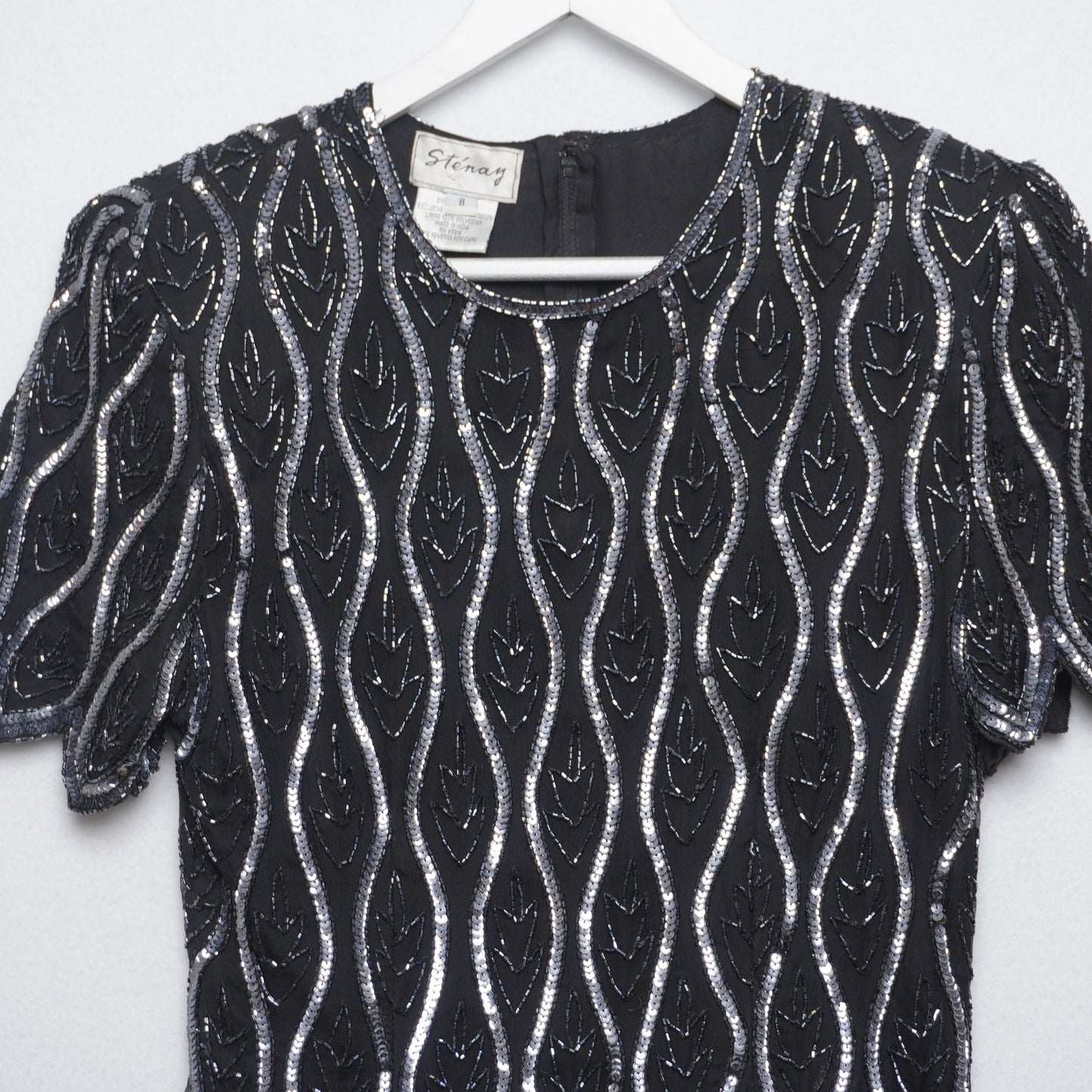 Vintage Stenay Black and Silver Sparkly Beaded Silk Dress Size 8