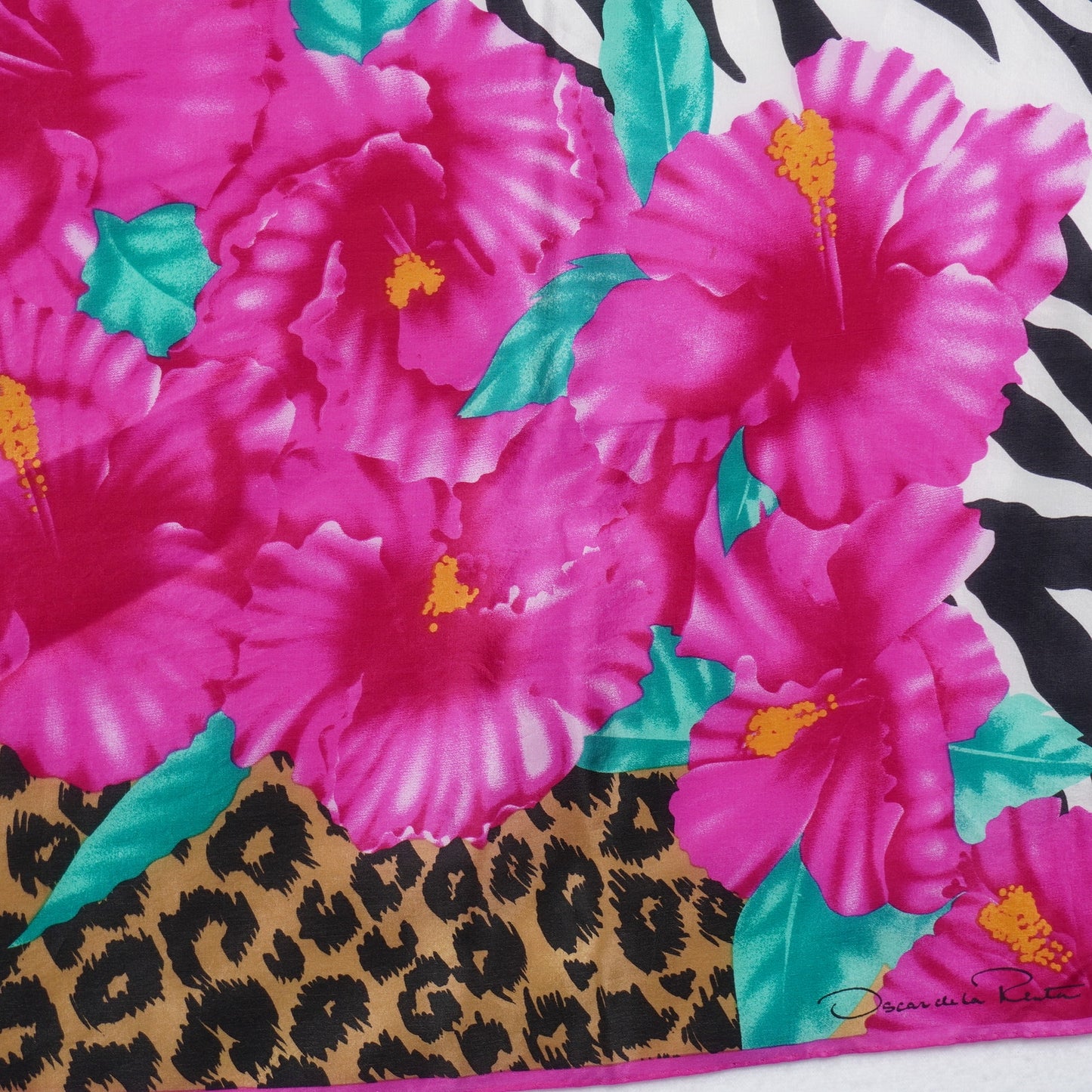 Vintage Oscar de la Renta Hibiscus and Animal Print Silk Scarf