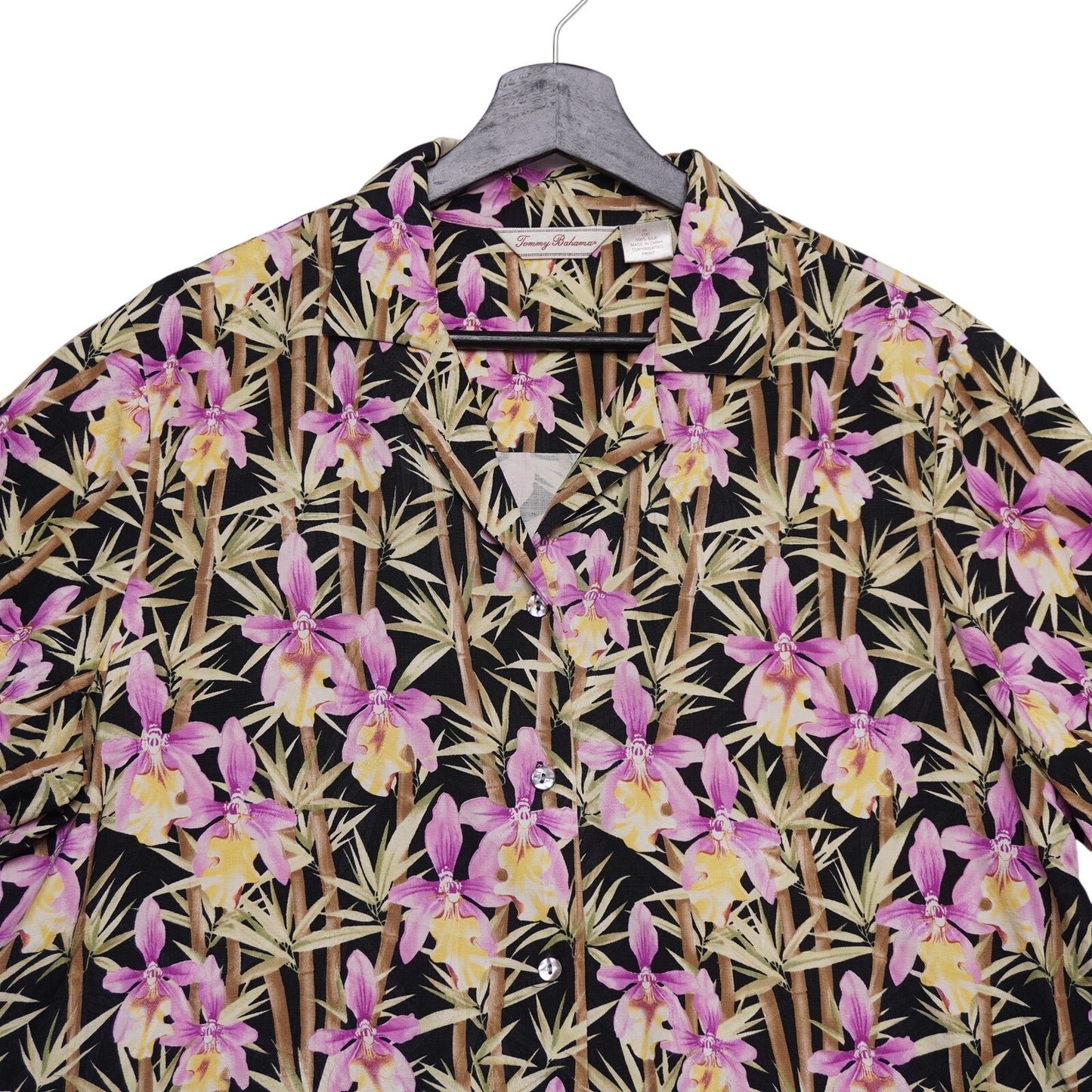 Tommy Bahama 100% Silk Hawaiian Shirt XL Black Orchid Bamboo Floral Aloha Camp