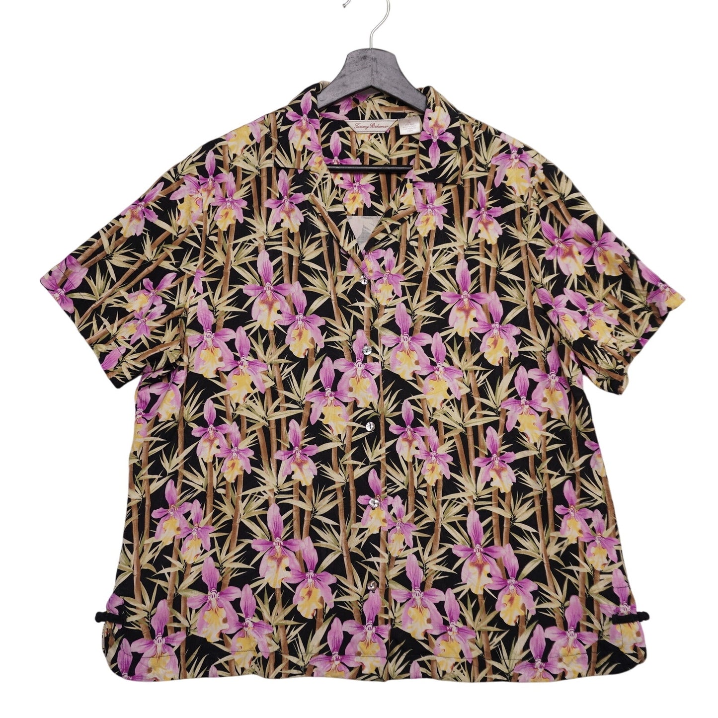 Tommy Bahama 100% Silk Hawaiian Shirt XL Black Orchid Bamboo Floral Aloha Camp