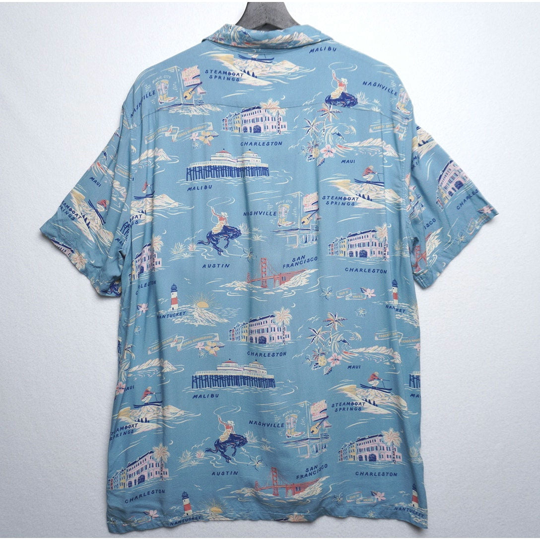 Faherty Beach House Collection Blue Beach Shirt Retro Summer Town Print Size L