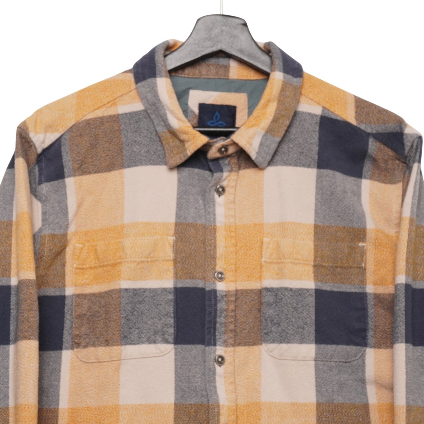 Prana Organic Cotton Flannel Shirt Men’s Medium Yellow Navy Plaid Long Sleeve