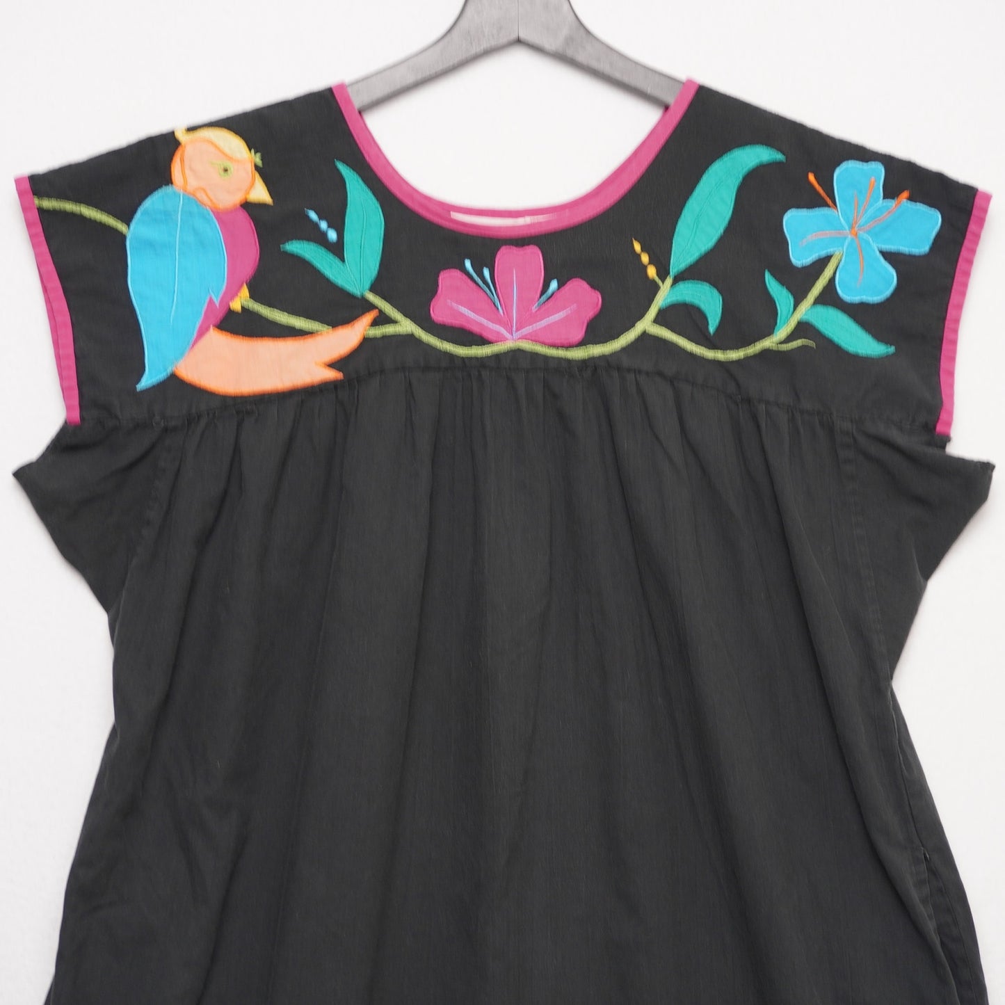 Sita by Donna Black Embroidered Cotton Dress Boho Mexican Style Floral Bird