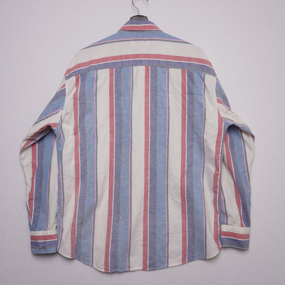 Vintage Campus Button Down Shirt L Red White Blue Vertical Stripe 100% Cotton