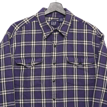 GAP Flannel Shirt Mens L Blue Cream Plaid Button Front Long Sleeve Cotton Casual