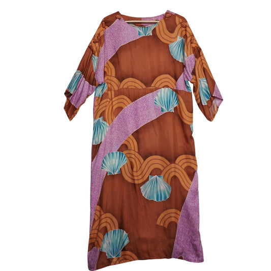 Vintage Handmade Kimono-Inspired Dress Brown Abstract Waves Shell Print Boho M/L