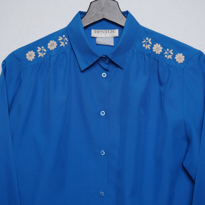 Vintage Women's Western Style Embroidered Electric Blue Blouse