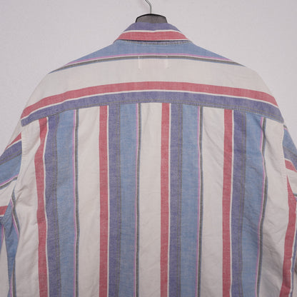 Vintage Campus Button Down Shirt L Red White Blue Vertical Stripe 100% Cotton