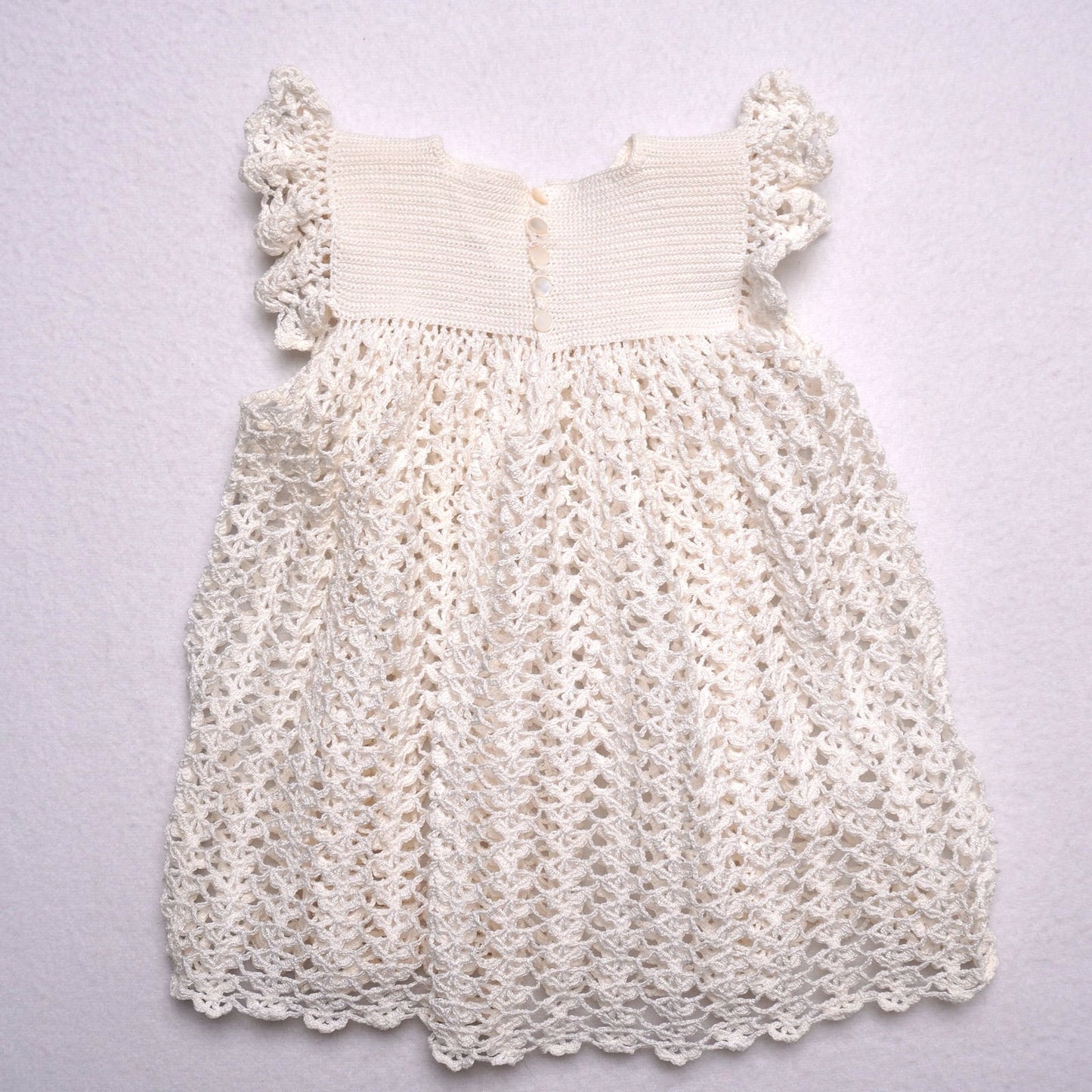 Handmade Vintage Baby Dress Ivory Crochet Knit Ruffle Sleeve Infant Girl Dress