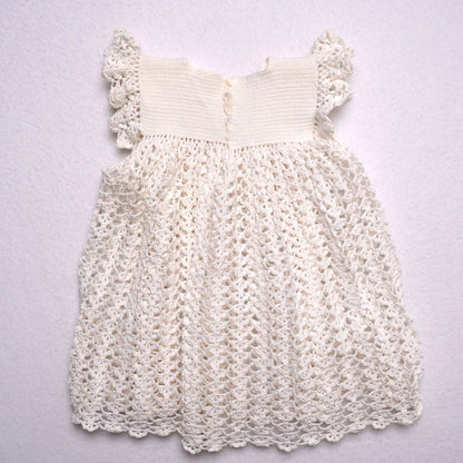 Handmade Vintage Baby Dress Ivory Crochet Knit Ruffle Sleeve Infant Girl Dress