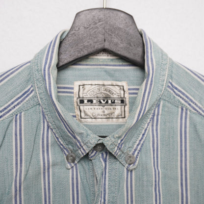 VTG Levi’s Striped Short Sleeve Button Up Shirt Green Blue Cotton Men's Medium