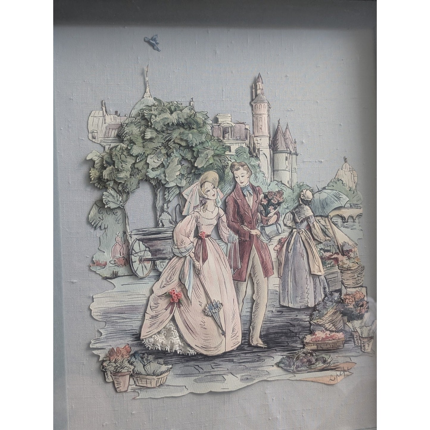 Parc Monceau Paris Mid Century Watercolor Shadowbox Tole Framed Art