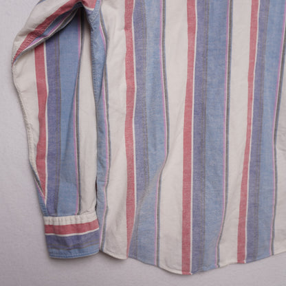 Vintage Campus Button Down Shirt L Red White Blue Vertical Stripe 100% Cotton