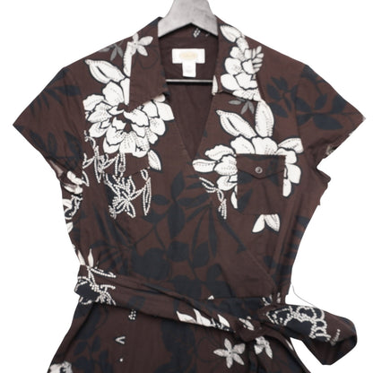 Talbots Women's Brown White Floral Wrap Dress Short Sleeve A-Line Midi Retro Fit Flare