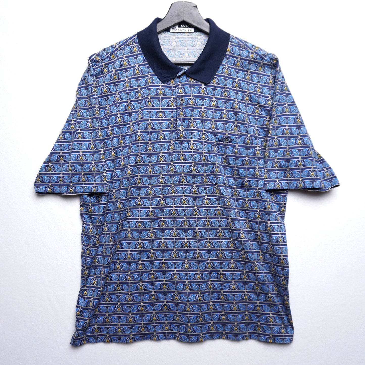 Vintage Lanvin Classique Blue Graphic Pattern Print Polo Shirt Size XL