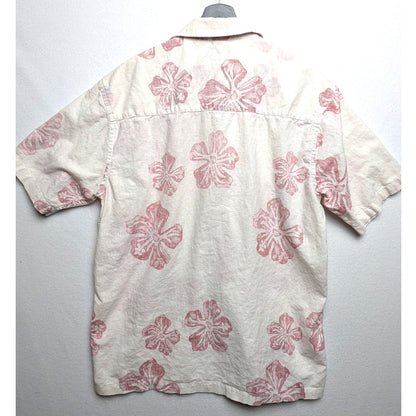 VTG Jantzen White Reverse Print Linen Blend Hawaiian Shirt Red Floral Print Sz L