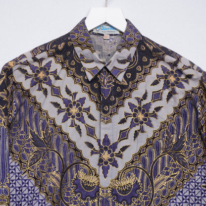 Vintage Danar Hadi Batik Blue & Gold Patterned Shirt Size Large