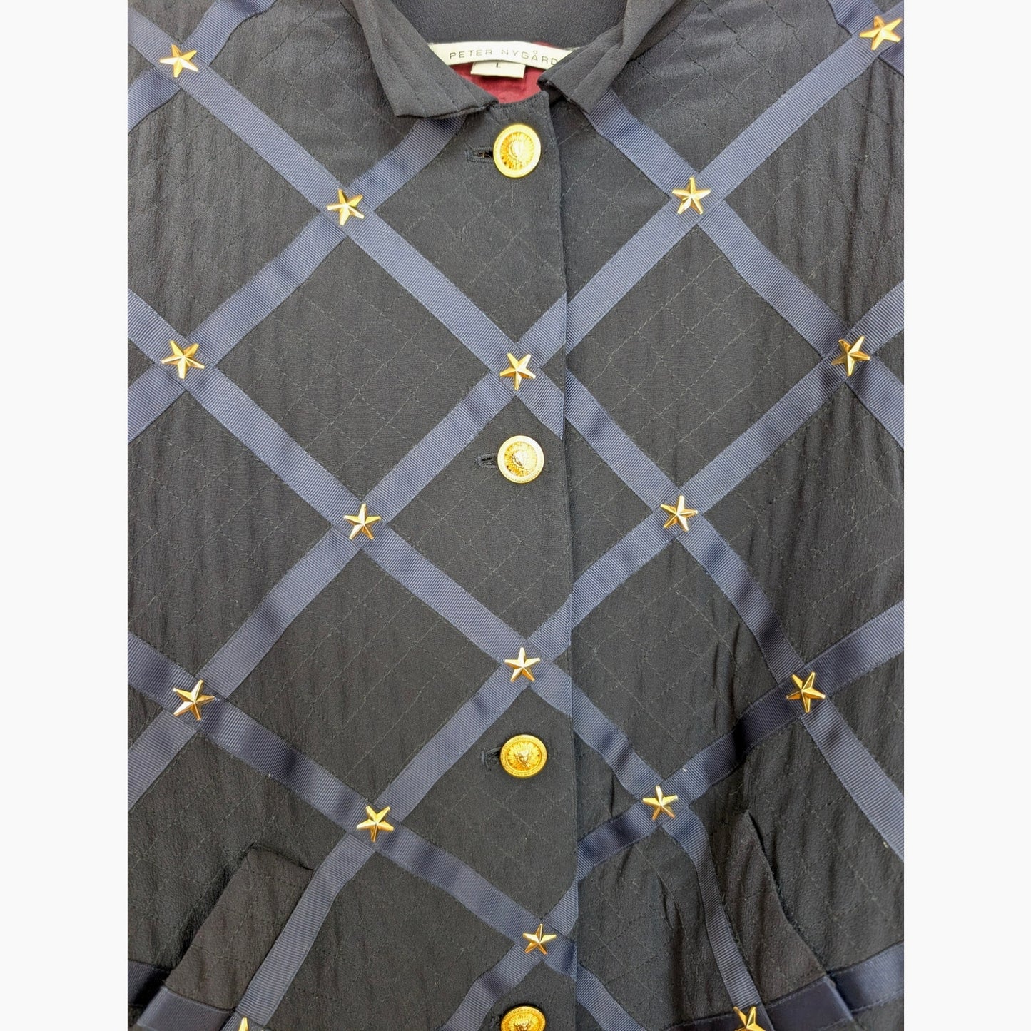 Vintage Peter Nygard Navy Silk Bomber with Ribbon and Gold Accents