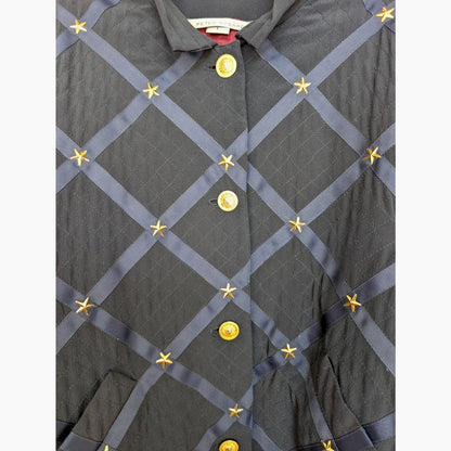 Vintage Peter Nygard Navy Silk Bomber with Ribbon and Gold Accents